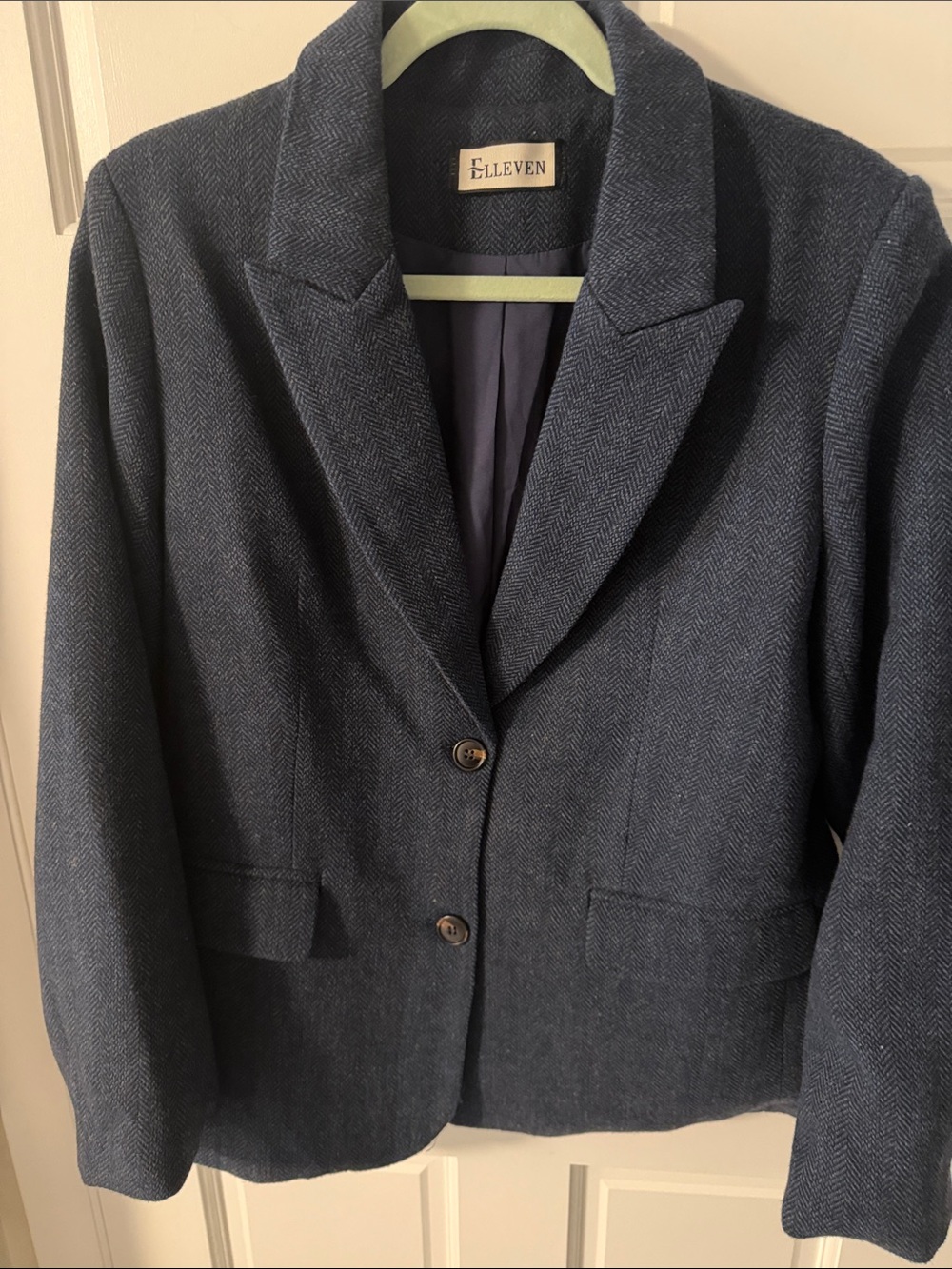Elleven Navy Blue Wool Blend Herringbone
Tailored Blazer Jacket Career Wear L